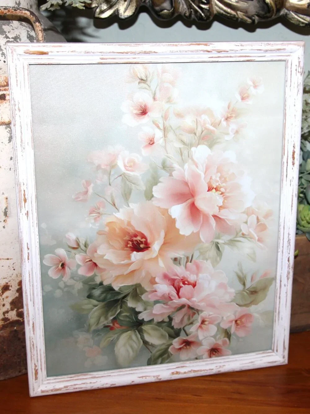Gorgeous Shabby Chic French Floral Wall Decor Picture in Distressed White Frame